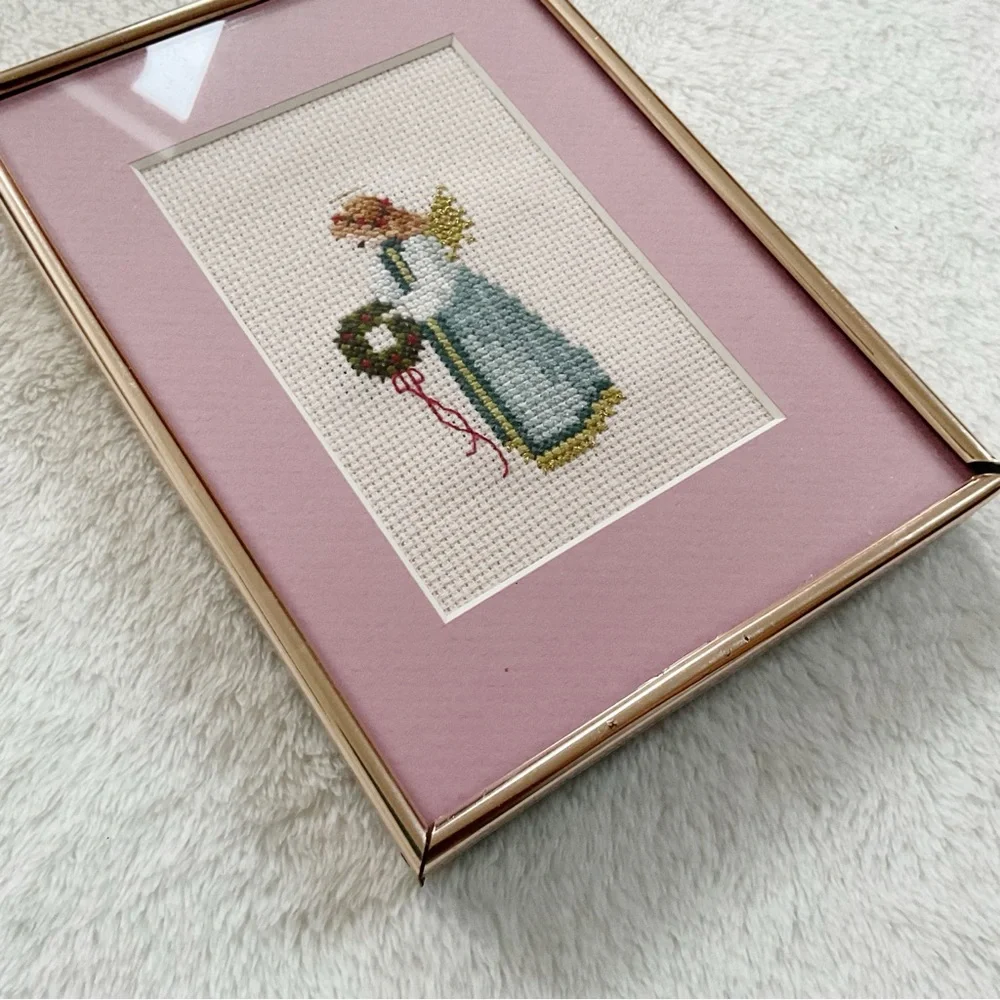 1987 Told in a Garden Christmas Angel Cross Stitch, Framed 5x7 Art Vintage